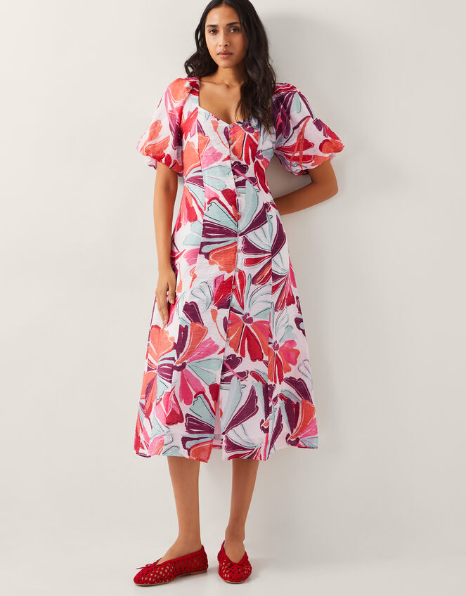 Elana Floral Puff-Sleeve Midi Dress, Ivory (IVORY), large