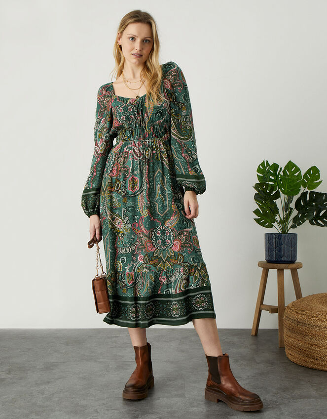 Gemma Paisley Square Neck Dress, Green (GREEN), large