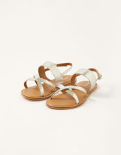 Metallic Leather Cross-Over Sandals, Silver (SILVER), large