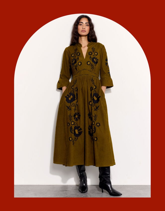 East Floral Embroidered Corduroy Maxi Dress, Green (GREEN), large