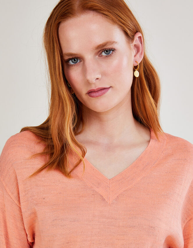 V-Neck Jumper in Linen Blend, Orange (PEACH), large