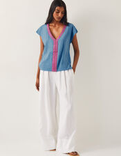 Elena Embroidered V-Neck Jersey T-Shirt, Blue (BLUE), large