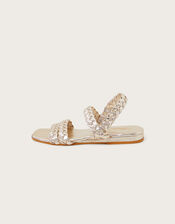 Braided Leather Wedge Sandals, Gold (GOLD), large