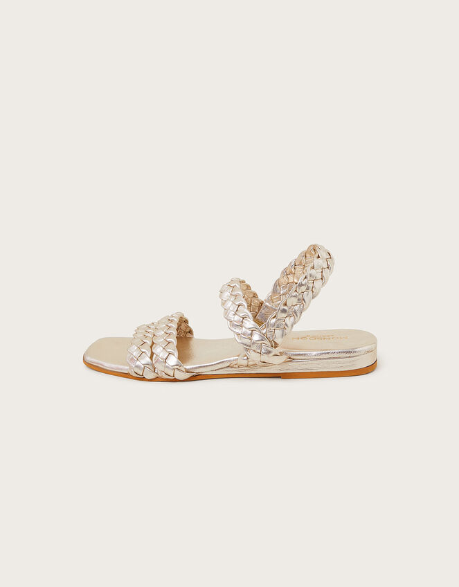 Braided Leather Wedge Sandals, Gold (GOLD), large