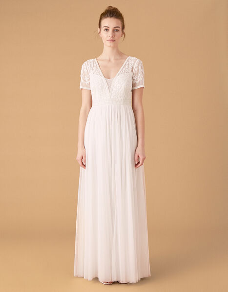 Beth Beaded Floral Plunge Bridal Dress Ivory, Ivory (IVORY), large