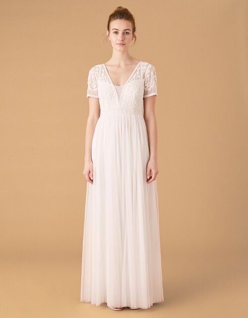 Beth Beaded Floral Plunge Bridal Dress, Ivory (IVORY), large