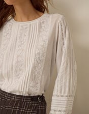 Vita Floral Embroidered Pintuck Top, White (WHITE), large