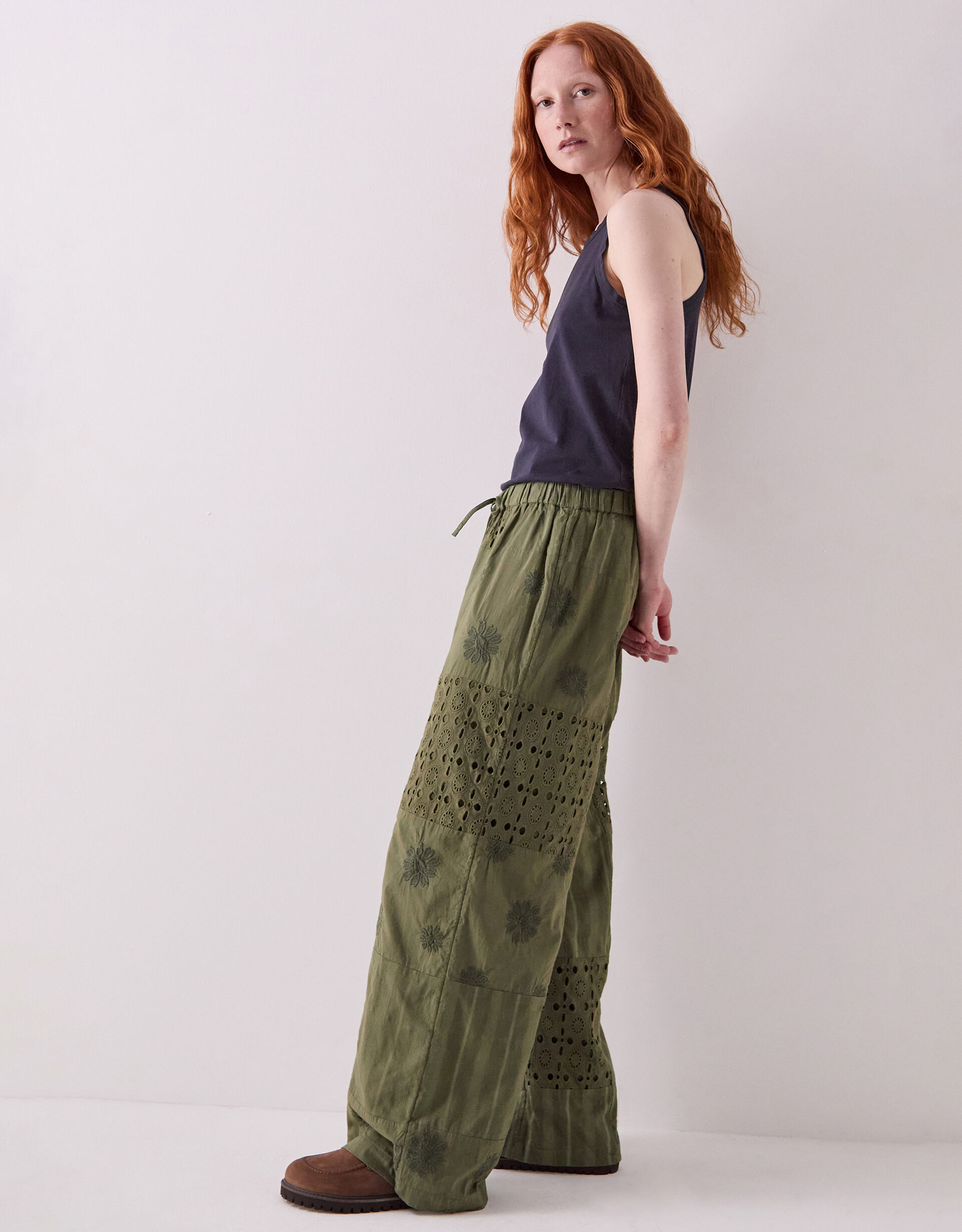 East Tasia Broderie Patchwork Trousers Green