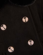 Faux Fur Collar Double-Breasted Coat, Black (BLACK), large