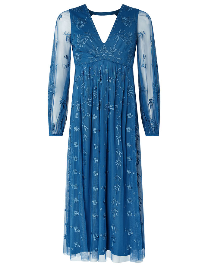 Lucinda Sustainable Embroidered Midi Dress Blue Evening Dresses