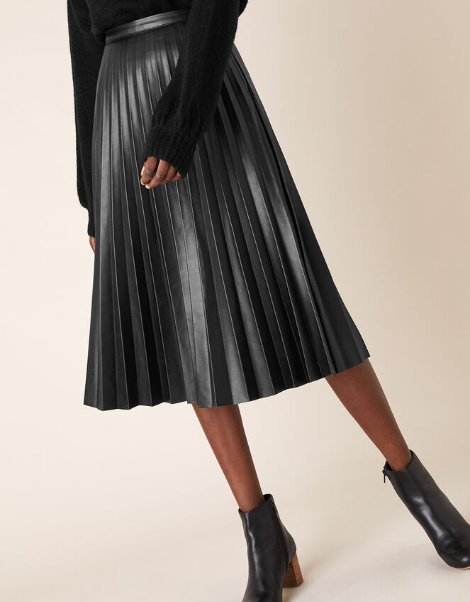 Pleated Leather-Look Midi Skirt, Black (BLACK), large