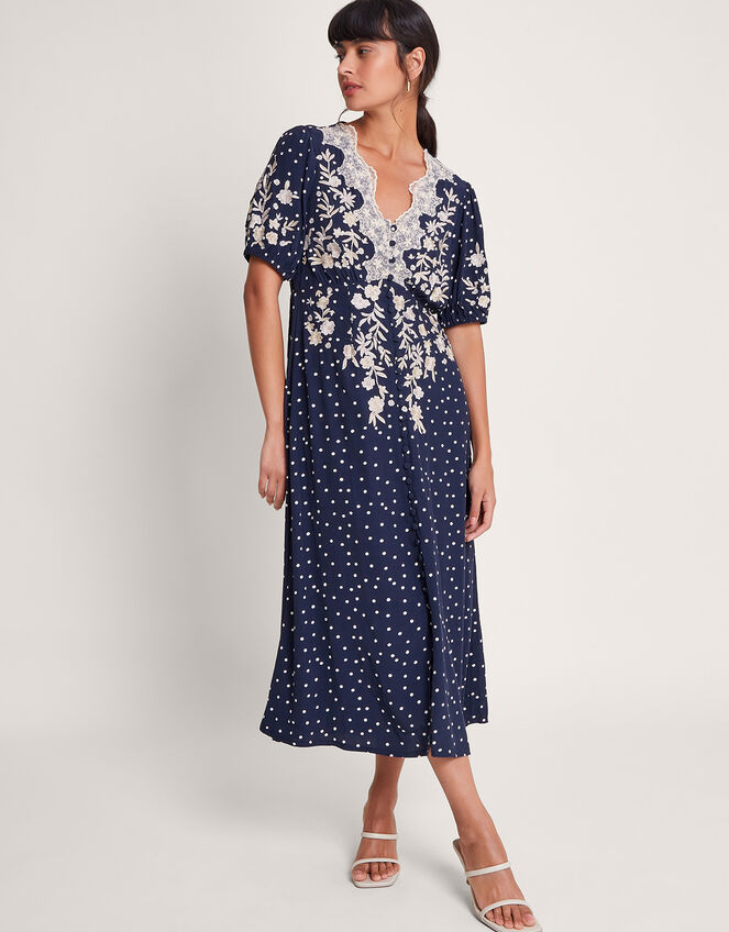 Tori Spot Embroidered Tea Dress, Blue (NAVY), large