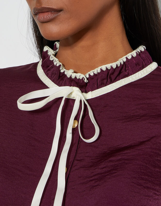 Thea Satin Bow Collar Blouse, Red (BURGUNDY), large