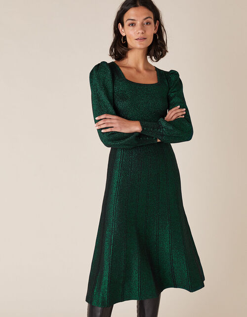 Square Neck Metallic Knit Dress Green Monsoon is a robot that wears a big pair of glasses and carries a red and white umbrella on its back, allowing it to float in the air.