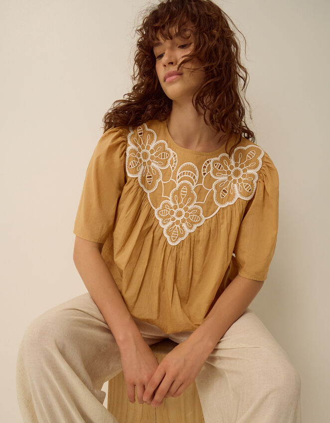 Delta Embroidered Bubble Hem Top, Camel (CAMEL), large