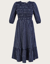 Geometric Print Tiered Shirred Jersey Dress, Blue (NAVY), large