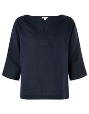 Daisy Plain T-Shirt in Pure Linen, Blue (NAVY), large