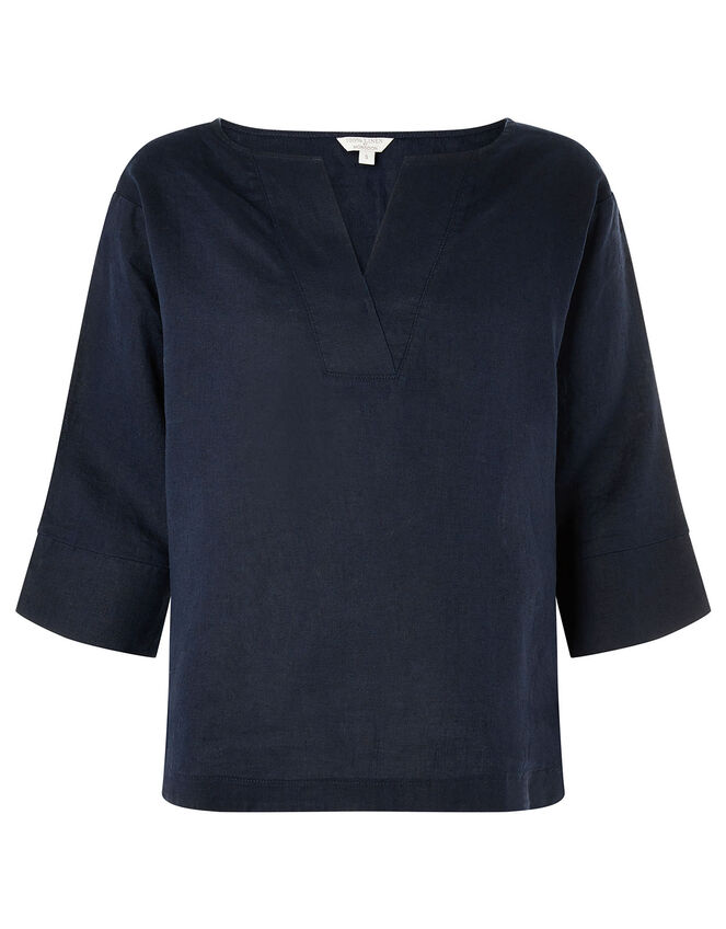 Daisy Plain T-Shirt in Pure Linen, Blue (NAVY), large