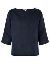 Daisy Plain T-Shirt in Pure Linen, Blue (NAVY), large