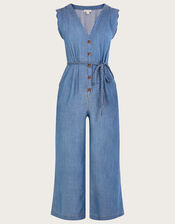 Tie Belt Denim Jumpsuit, Blue (DENIM BLUE), large