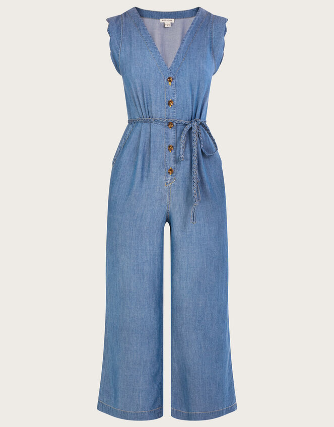 Tie Belt Denim Jumpsuit, Blue (DENIM BLUE), large