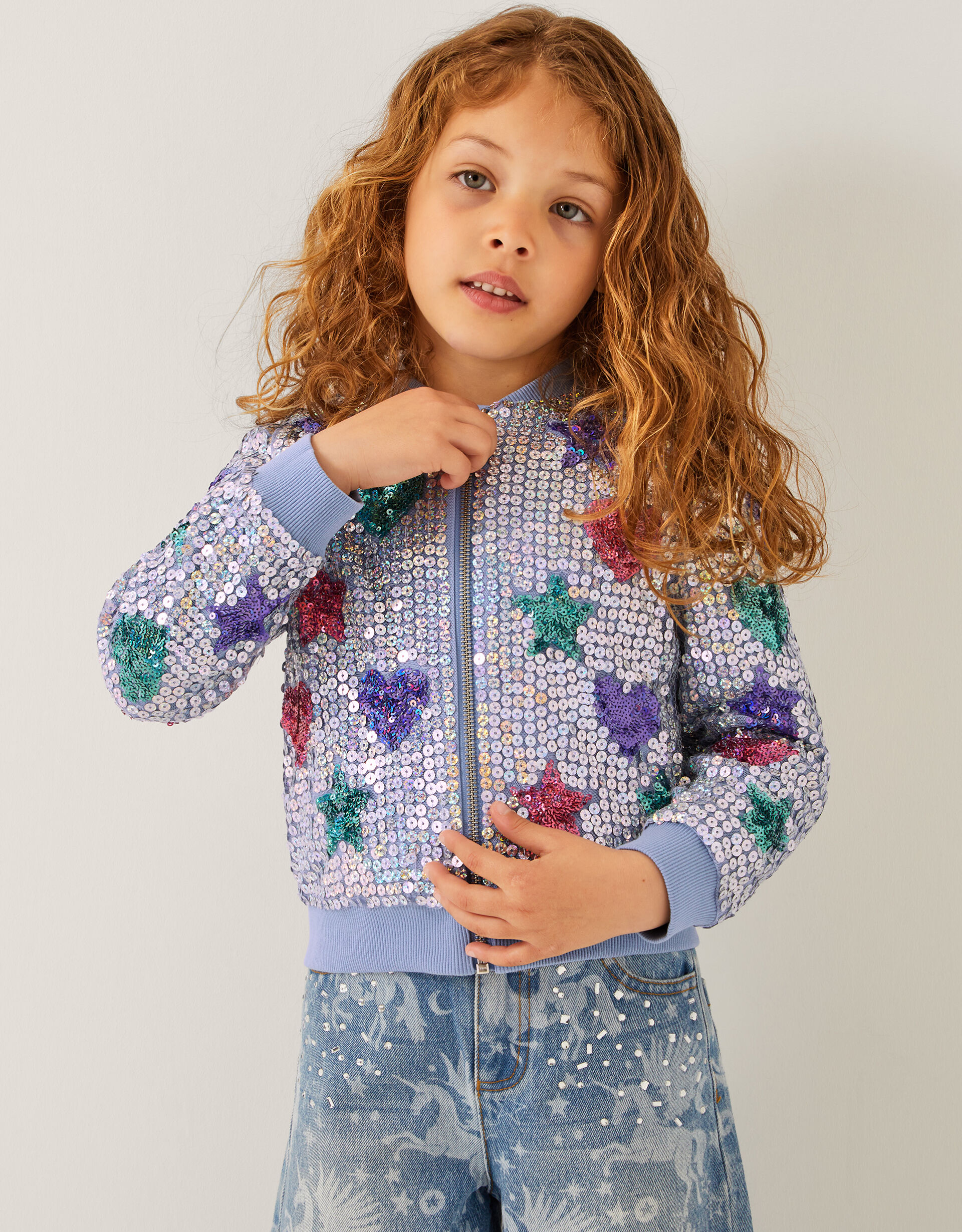 Star & Heart Sequin Bomber Jacket Blue