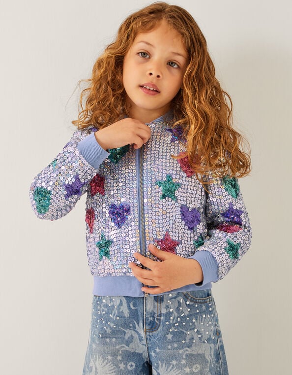 Star & Heart Sequin Bomber Jacket, Blue (BLUE), large