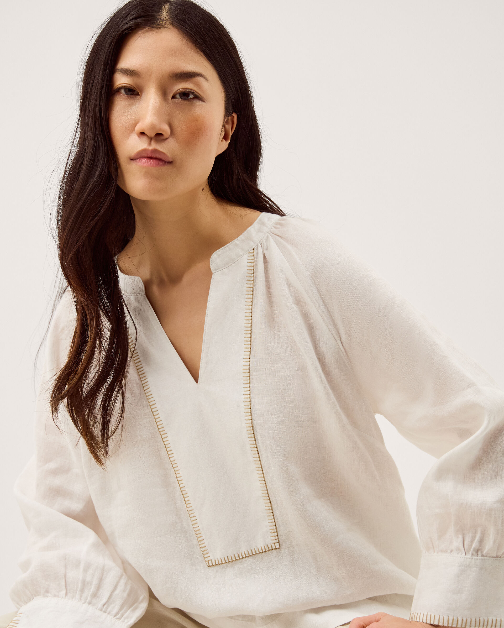 Frida V-Neck Linen Blouse White