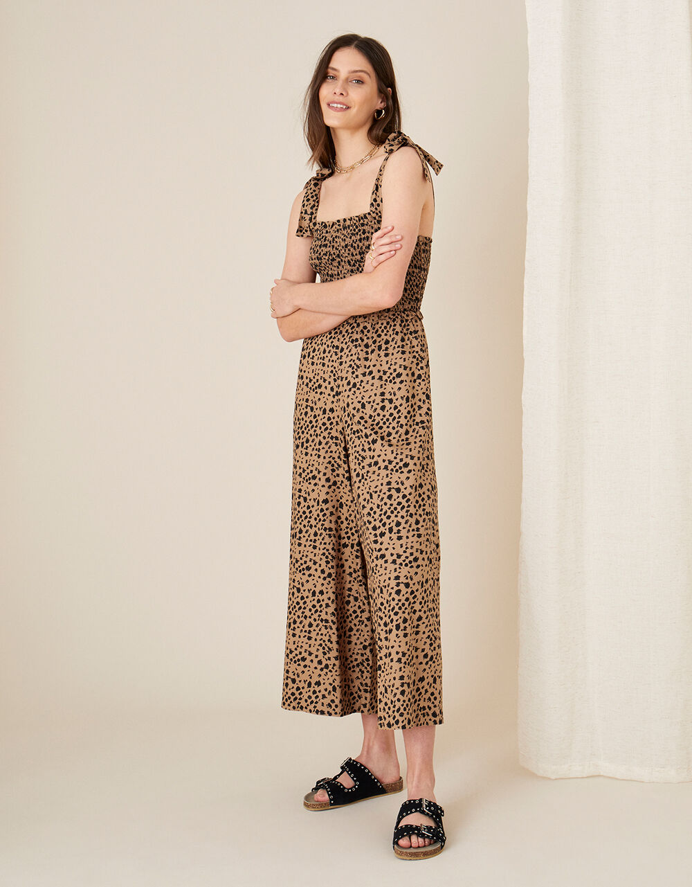 Animal Print Shirred Jumpsuit Natural Jumpsuits Monsoon UK.
