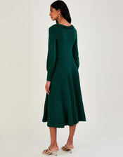 Pleat Trim Slash Neck Midi Dress Green