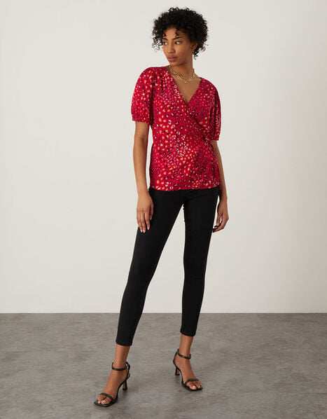 Animal Print Wrap Top in LENZING™ ECOVERO™  Red, Red (RED), large