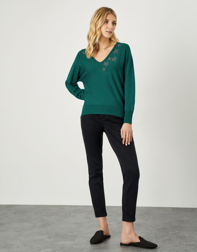 Heat-Seal Star V-Neck Jumper Green