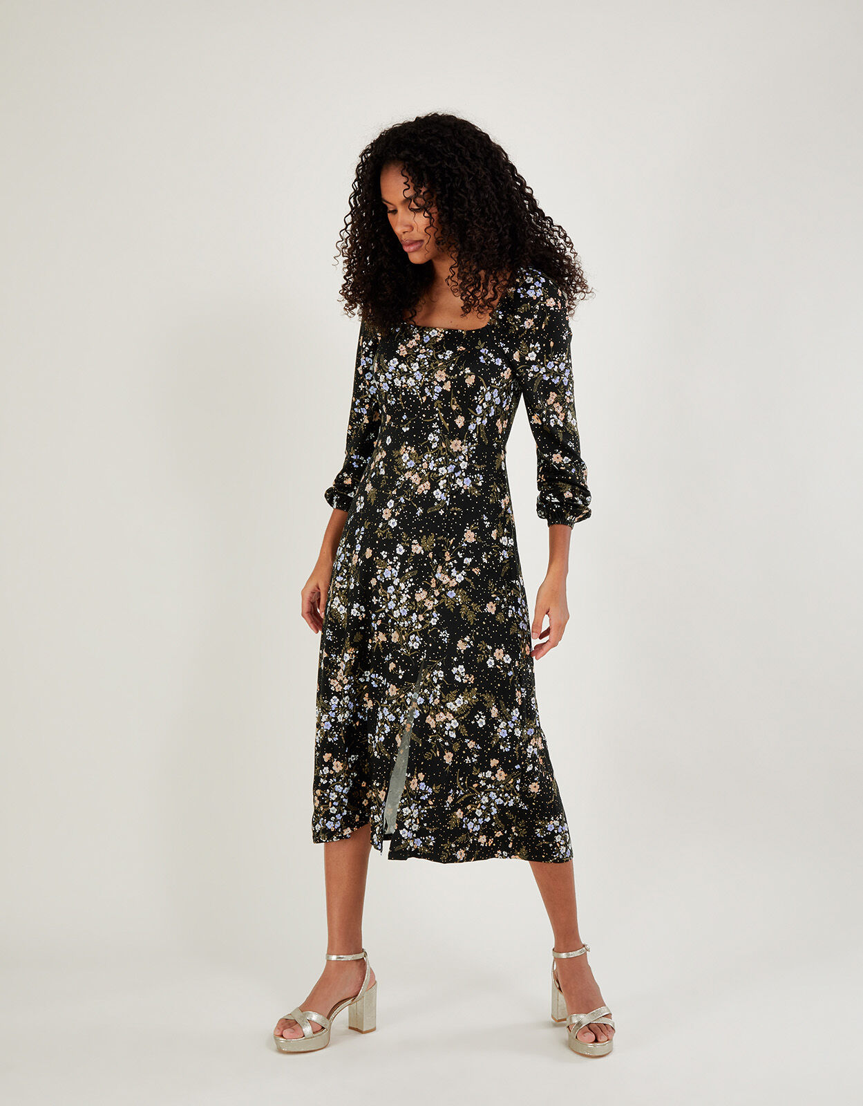 Floral Square Neck Split Jersey Dress Black
