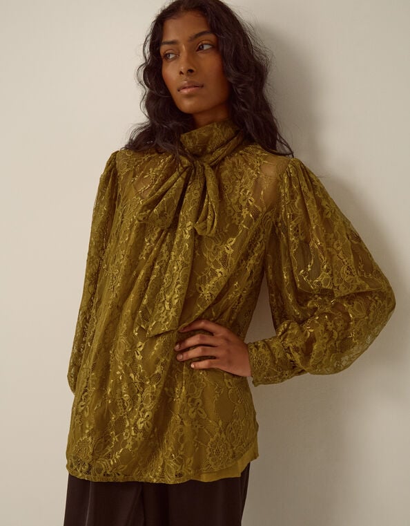 Zadie High Tie Neck Lace Blouse, Green (CHARTREUSE), large