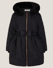 Faux Fur Hooded Bow Quilted Coat, Black (BLACK), large