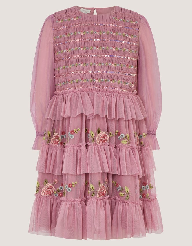 Sequin Embroidered Ruffle Mesh Dress, Pink (PINK), large