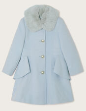 Waist Waterfall Coat with Faux Fur Collar, Blue (PALE BLUE), large