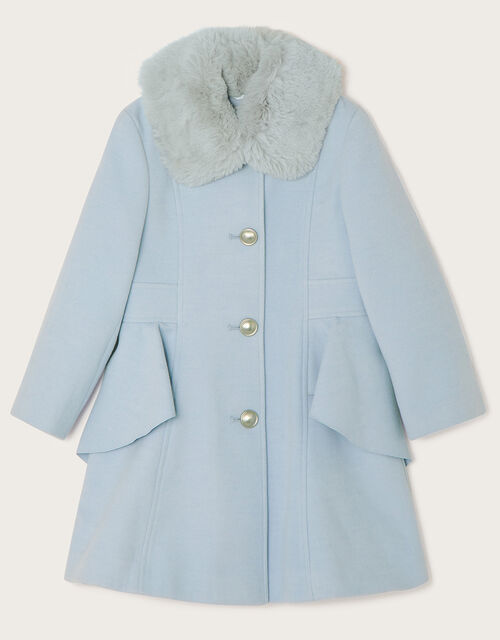 Waist Waterfall Coat with Fur Collar, Blue (PALE BLUE), large