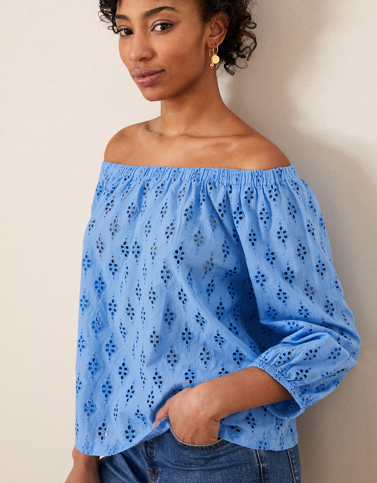 Schiffli Crop Sleeve Bardot Top Blue Tops T shirts Monsoon UK