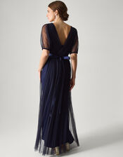 Ellie Sheer Sleeve Plunge Tulle Maxi Dress, Blue (NAVY), large