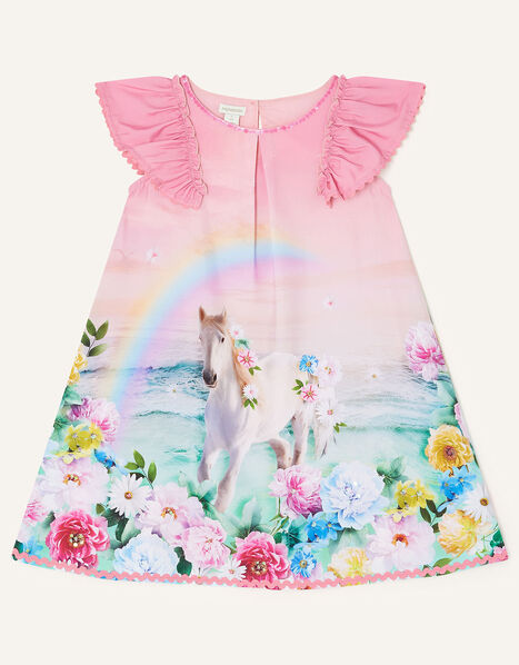 Rainbow Horse Frill Sleeve Dress Pink, Pink (PINK), large