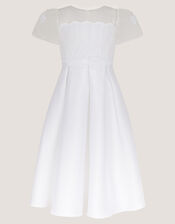 Chiffon Sleeve Floral Embroidered Dress, White (WHITE), large