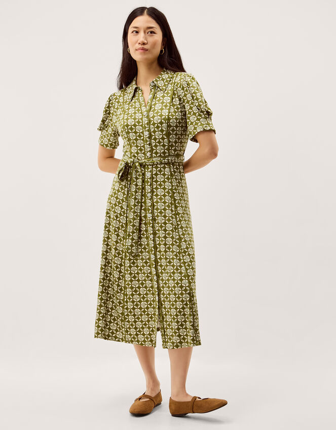 Kalani Geometric Jersey Midi Shirt Dress Green