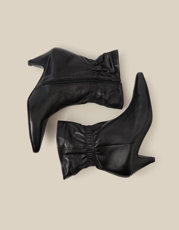 Fia Ruched Leather Kitten Heel Boots, Black (BLACK), large