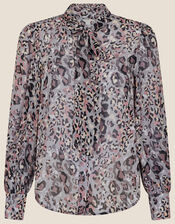Geeta Animal Pussybow Blouse, Grey (GREY), large