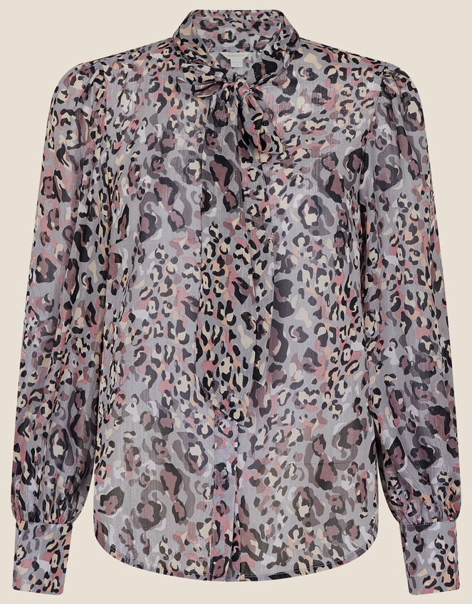 Geeta Animal Pussybow Blouse, Grey (GREY), large