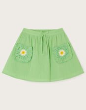 Crochet Pocket Cheesecloth Skirt, Green (GREEN), large