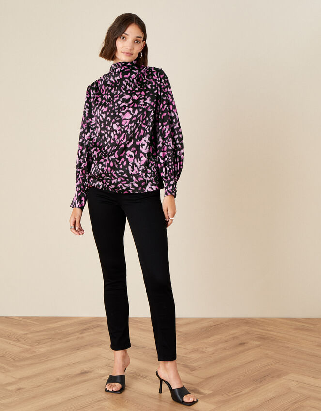Niya Animal Cowl Neck Blouse, Black (BLACK), large