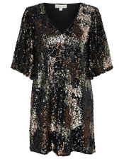 Carmen Camo Sequin Short Dress, Black (BLACK), large