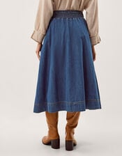 Sophie Shirred Denim Midi Skirt, Blue (MID AUTHENTIC BLUE), large